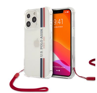 CG MOBILE U.S. Polo Assn. PC/TPU USPA Stripes Logo Shiny Case with Anti-Lost Red Nylon Cord Compatible for iPhone 13 Pro (6.1") Anti-Scratch, Easy Access to All Ports