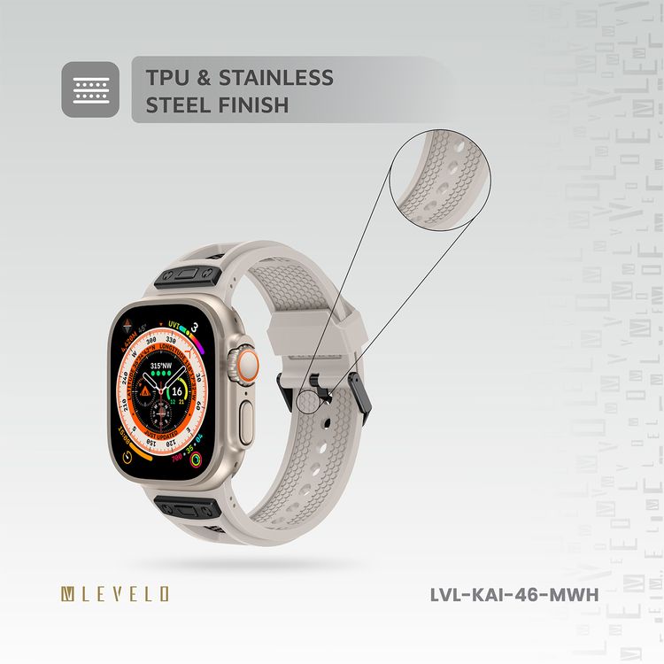 Levelo Kai Watch Strap, Apple Watch SE 9/8/7/6/5 (46/49mm), TPU + Metal Buckle, Hypoallergenic, 24/7 Wearability - Moonlight White