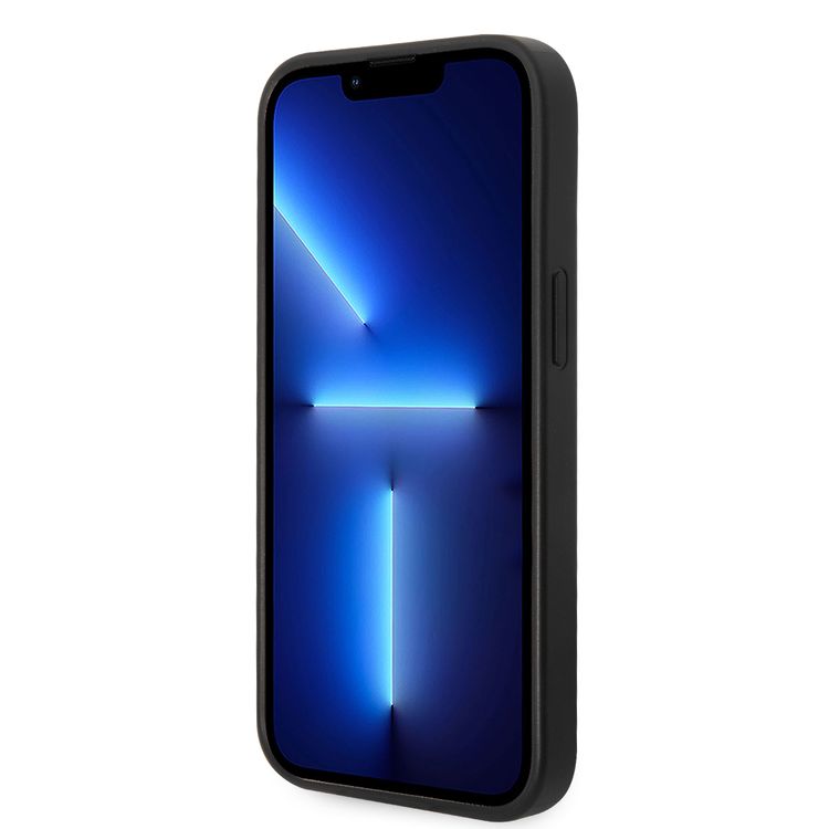 Guess PU Leather Saffiano Case with Metal Logo & Hot Stamp Stripes iPhone 14 Plus Compatibility - Black