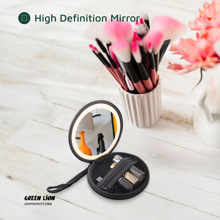 حقيبة مكياج صغيرة من جرين ليون مع منظم مدمج، حتى 4 ساعات عمل، سطوع قابل للتعديل، سعة البطارية 800mAh، 36 خرزة LED، مرآة LED - أسود