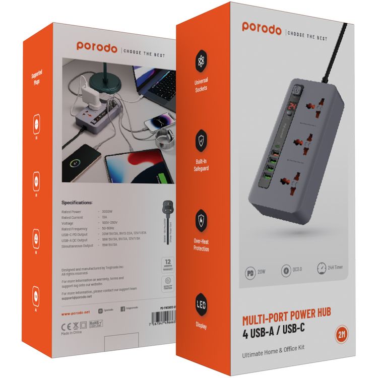 مجموعة بورودو المتكاملة للمنافذ المتعددة في المنزل والمكتب مع 4 منافذ USB-A و USB-C، بطول كابل 2 متر، حماية مدمجة، حماية من الحرارة الزائدة، شاشة LED - رمادي
