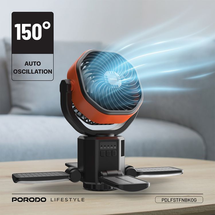 Porodo Suncharge Outdoor Solar Fan with LED Lighting & Power Bank Function, 3 LED Brightness Levels, 4 Speed Settings, Foldable Hanging Hook, 150°Auto Oscillation, Up to 30 Hours Working Time, 6000mAh Battery, 5W Rated Power - Black / Orange