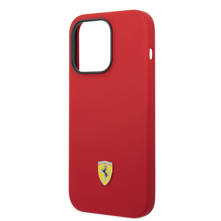 Ferrari Liquid Silicone Case with Black Camera Outline & Metal Logo iPhone 14 Pro Compatibility - Red