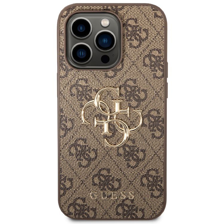 Guess PU Leather 4G Classic and Stylish Case with Big Metal Logo iPhone 14 Pro Compatibility - Brown