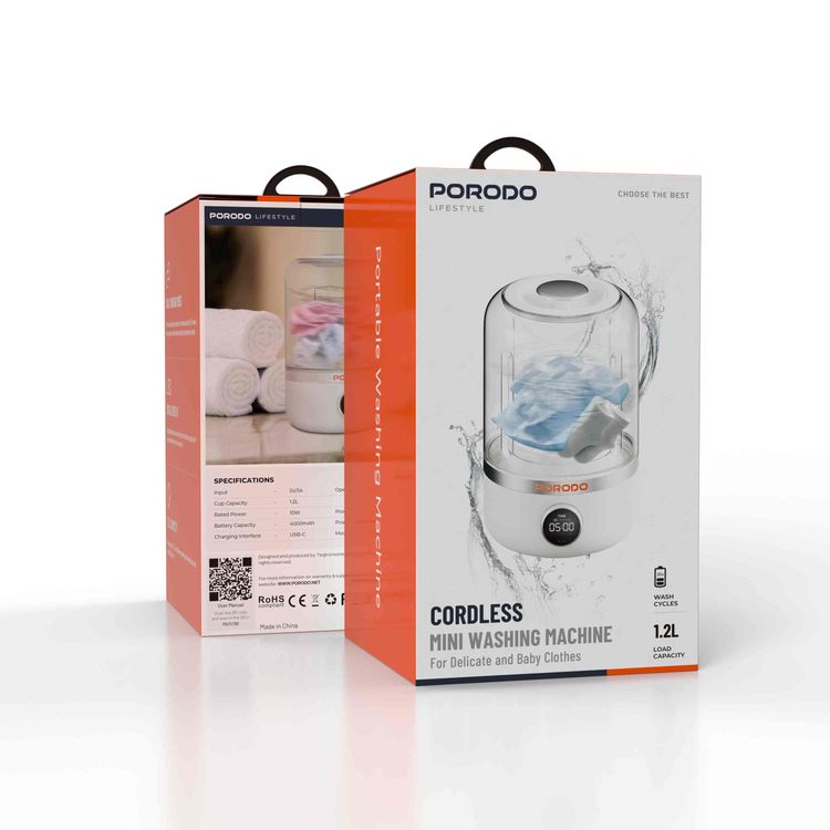 Porodo Lifestyle Cordless Mini Washing Machine for Delicate & Baby Clothes, Dual Washing Modes, LED Digital Display, 1.2L Cup Capacity, 10W Rated Power, 4000mAh Battery Capacity, Type-C Charging Port - White