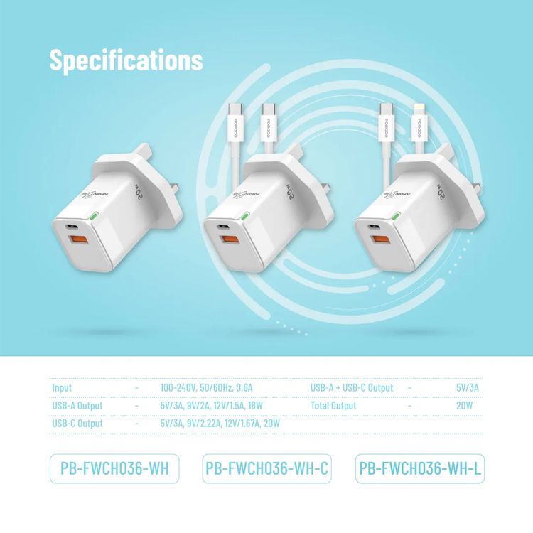 Porodo Blue Ultra-Quick Charger with 1m USB-C to Lightning Cable, USB-A & USB-C, 20W, 3A Output Current, 5V Output Voltage, Multi-Device Charging, Fast Charge Support - White