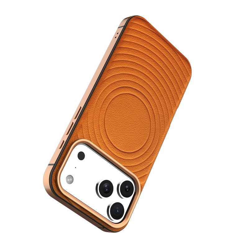 Levelo Spirale PU Leather Hybrid Case for iPhone 17 Pro, MagSafe Compatible & Strong Magnets, Impact-Resistant, Shock-Resistant Bumper, Aluminum Alloy Frame for Camera & Edges, Drop-Tested - Sunrise Orange