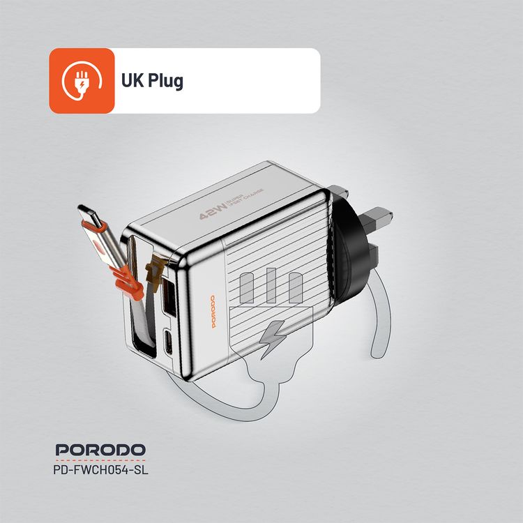 Porodo Super Quick GaN Charger with 75cm Retractable Type-C Cable, 42W Power Delivery, Simultaneous Charging, 22.5W USB-A Output, Built-in Safeguards - Silver