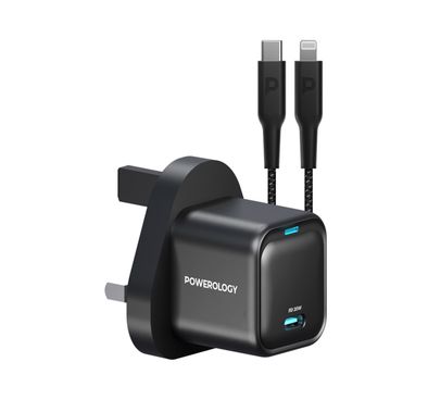 Powerology Ultra-Compact GaN Charger with USB-C to Lightning Braided Cable, 20W Power Delivery, Lightweight & Compact Design - Black