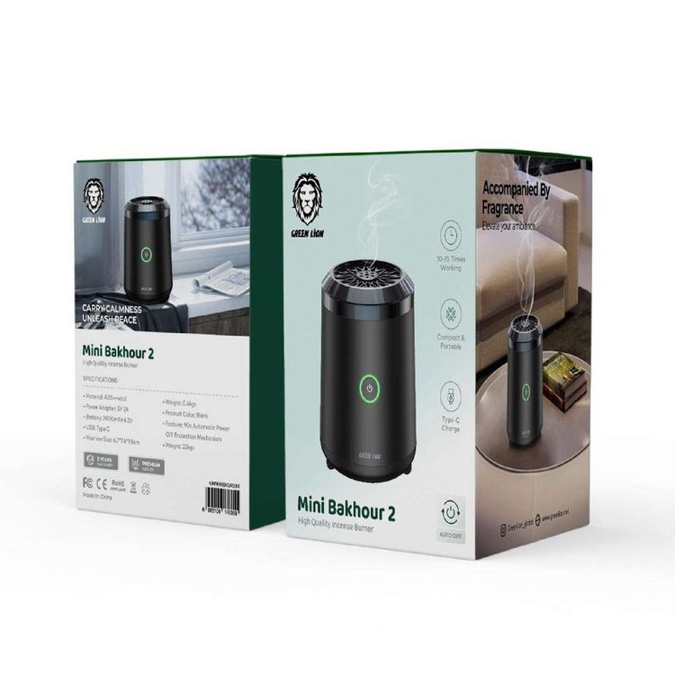 مبخرة Green Lion Mini Bakhour 2 مع آلية حماية مدمجة، مبخرة عالية الجودة، سعة بطارية 2000 مللي أمبير، 10-15 مرة تشغيل، تصميم مدمج ومحمول، منفذ شحن من النوع Type-C - أسود