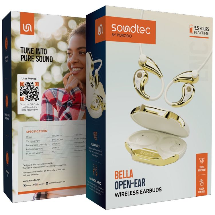 Porodo Soundtec Bella Open-Ear Wireless Earbuds with Clip-On Design, Up to 1 Hour Charging Time, 5.5 Hours Play Time, Bluetooth Version 5.4, 10m Transmission Range, Ergonomic Fit, Touch Control - White