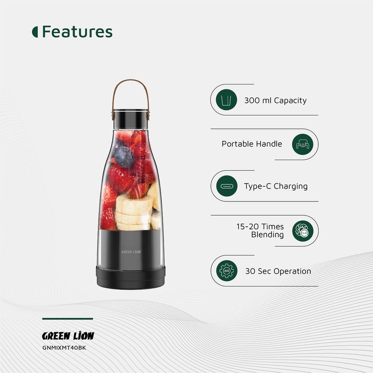 Green Lion Mix Mate Portable Juicer with 300mL Capacity, 1500mAh Battery Capacity, BPA Free PET Jar Material, Stainless Steel Blade Material, Type-C Charging Port, 3-4 Hours Charging Time - Black