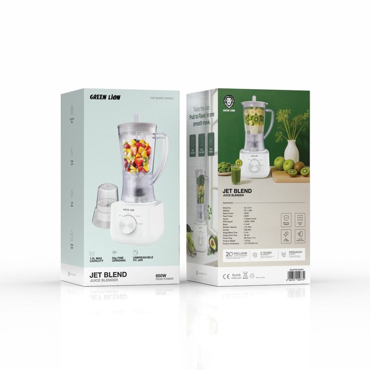 Green Lion Jet Blend Juice Blender with Grinder, 1.0L Capacity, 4-Leaf Blade, 16000-19000 RPM Speed, 650W Peak Power, 2 Speed Levels - White