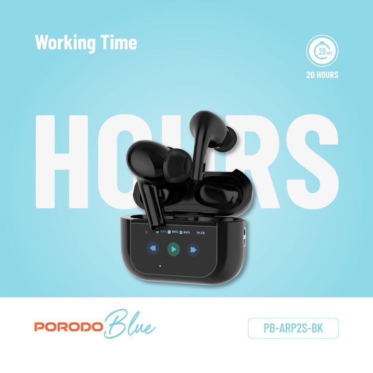 Porodo Blue AirPods Pro2 with Screen, Deep Bass, Touch Control, Camera Shutter, Music Playback, Call Management, 20 Hours Working Time, 1.47 inches Screen size - Black