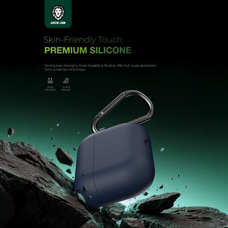 جرين ليون برلين سيريز غطاء سيليكون لأيربودز برو 3 مع كاربينر معدني محمول، حماية كاملة 360°، ملاءمة سلسة، ملمس ودي للبشرة، تصميم قطعة واحدة، مقاوم للخدوش، مقاوم للصدمات - أزرق