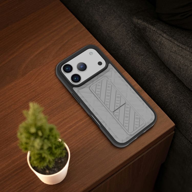 Levelo Morphix Cuero GripStand Case for iPhone 17 Pro Max, Raised Bezels for Camera & Screen, Shock-Resistant Bumper, Secure Hold, Horizontal & Vertical Viewing - Cloud Gray