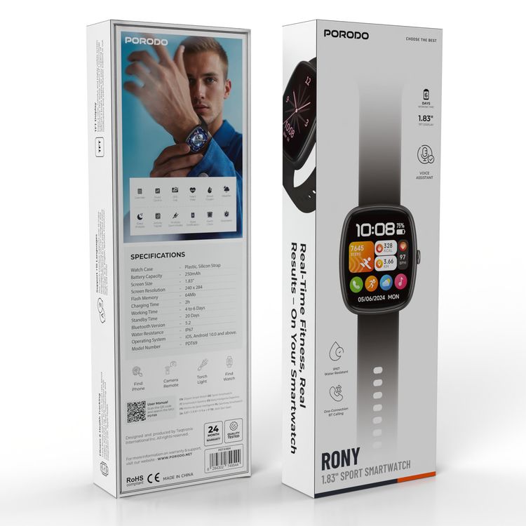 Porodo Rony 1.83" Sport Smart Watch with Multiple Sport Modes, Activity Tracker, Sleep Analysis, Up to 6 Days Battery Life, 2 Hours Charging Time, 20 Days Standby Time, 250mAh Battery Capacity, 64MB Flash Memory, Bluetooth Version 5.2, IP67Water Resistance Level - Black