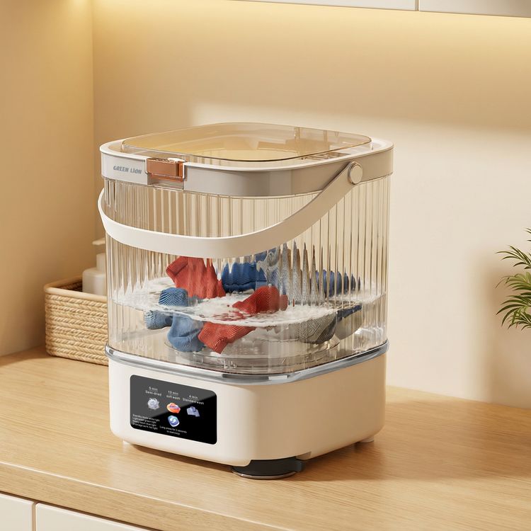 Green Lion Portable Mini Washing Machine with 12L Washing Capacity, Transparent Wash Bucket, Delicate Fabric Care, One-Button Open, Portable Carry Handle, Anti-Slip Base, Detachable Drain Basket, Fast Wash Cycles, Energy-Efficient Power, Multi-Scene Use, Clear Status Display - White