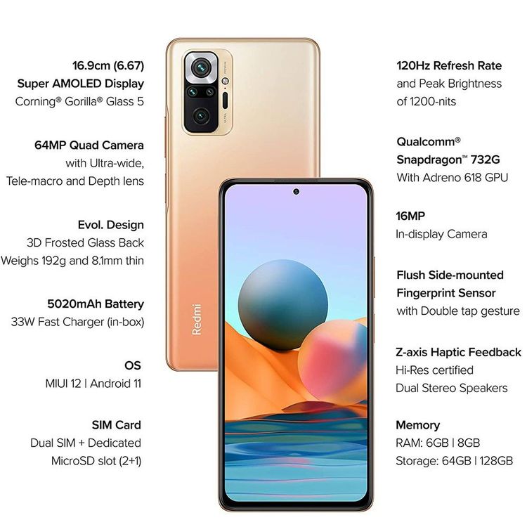Xiaomi Redmi Note 10 Pro 4G LTE Smartphone Dual Sim 6.67" inch Display 8GB RAM / 128GB ROM Storage, IP53 Water Resistant, 16MP Front & 108MP Rear Camera, Qualcomm Snapdragon 732G Chipset, 4K Video, 5020 mAh Battery Android Mobile Phone - Gradient Bronze