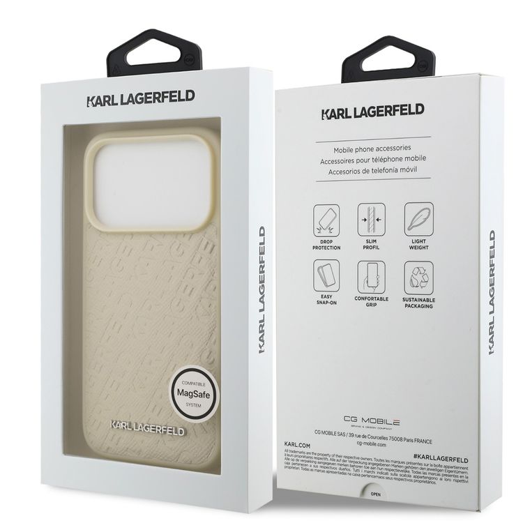 Karl Lagerfeld MagSafe Full Wrapped PU Leather Case with Karl Grain for iPhone 17 Pro Max, Slim Profile, Drop Protection, Easy Snap-On, Sustainable Packaging, Comfortable Grip, Lightweight Design - Beige