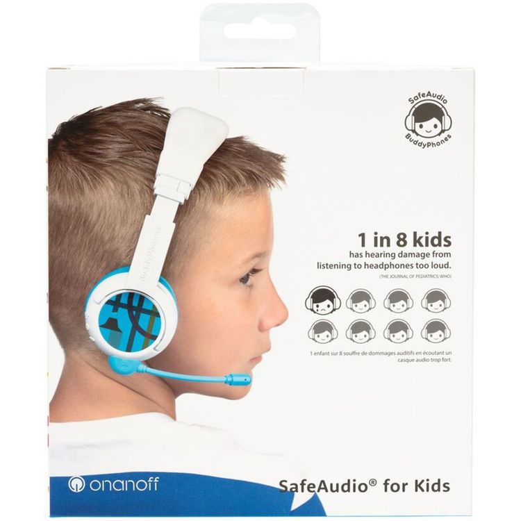 سماعات رأس للأطفال من BuddyPhones SchoolPlus مع اتصال سلكي ولاسلكي، وميكروفون قابل للفصل، ووضع دراسة معزز للصوت، وتصميم قابل للطي - أزرق