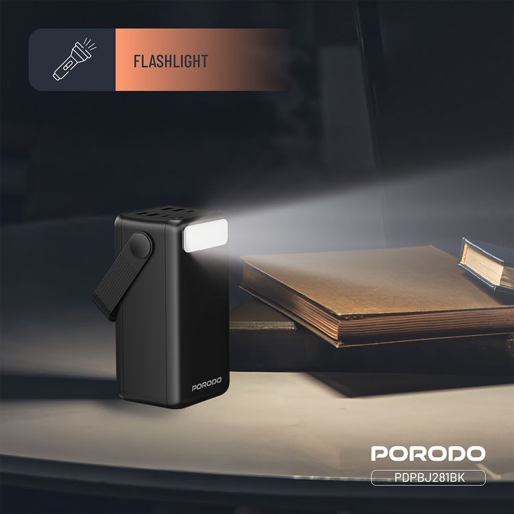 باور بانك بورودو لارا 50000 مللي أمبير/ساعة مع مصباح يدوي، مقبض محمول، PD 20 وات، شحن سريع، منفذين USB-A وUSB-C وMicro، 4 كابلات مدمجة، توافق عالمي - أسود