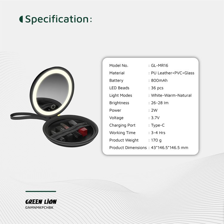 حقيبة مكياج صغيرة من جرين ليون مع منظم مدمج، حتى 4 ساعات عمل، سطوع قابل للتعديل، سعة البطارية 800mAh، 36 خرزة LED، مرآة LED - أسود