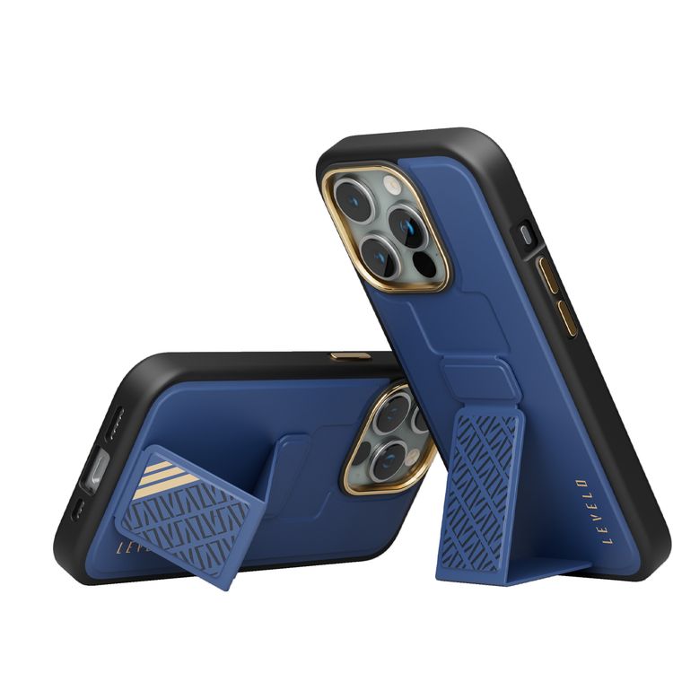 جراب Levelo Morphix Cuero Gripstand لهاتف iPhone 15 Pro، أوضاع متعددة، جلد PU، حواف مقاومة للصدمات - أزرق