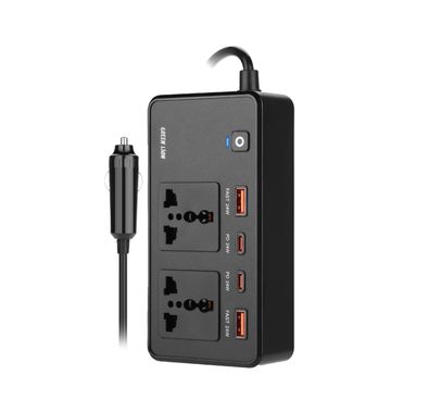 Green Lion GC-200 Car Inverter, Compact Design, 50Hz Output Frequency, 2 Sockets, 2 USB-C, 2 USB-A - Black