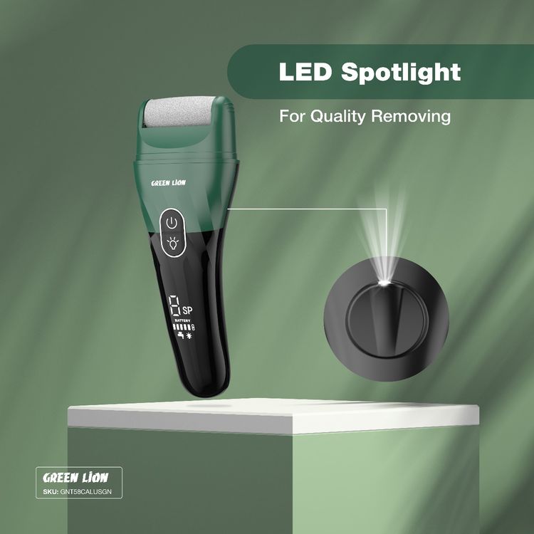 Green Lion Callus Remover with Protective Cap, 3 Detachable Roller Heads, Digital Display, 2 Speed Levels, 5W Power, 20 Minutes Auto Power-Off Function, Dual-Pin Charging Port - Green