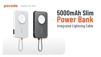 Porodo 5000mAh Power Bank with Type-C, Lightning Port and Watch Charger, Digital Display, PD 20W Fast Charging, Portable, Integrated Lightning Cable