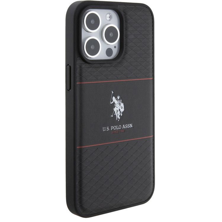 U.S.Polo Assn. PU HS Pattern DH Stripe Hard Case for iPhone 15 Series - Black - iPhone 15 Pro Max