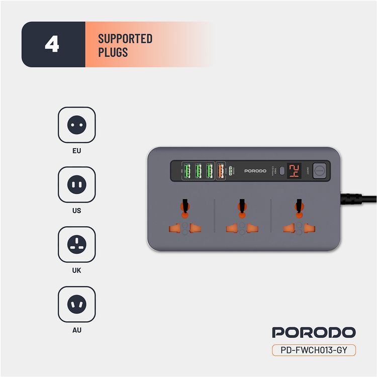 مجموعة بورودو المتكاملة للمنافذ المتعددة في المنزل والمكتب مع 4 منافذ USB-A و USB-C، بطول كابل 2 متر، حماية مدمجة، حماية من الحرارة الزائدة، شاشة LED - رمادي