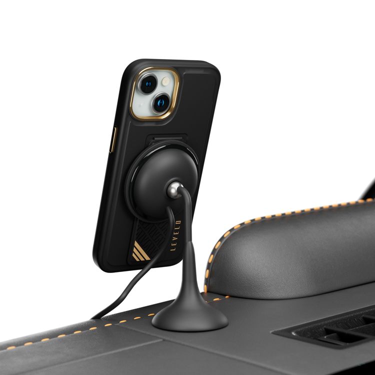 جراب Levelo Morphix Cuero Gripstand لهاتف iPhone 15 Plus، أوضاع متعددة، جلد PU، حواف مقاومة للصدمات - أسود