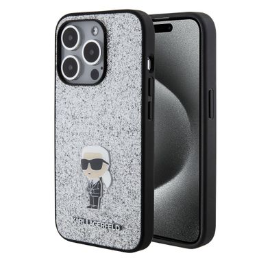 حافظة Karl Lagerfeld اللامعة الثابتة مع دبوس معدني يحمل شعار Ikonik - فضة - iPhone 15 Pro