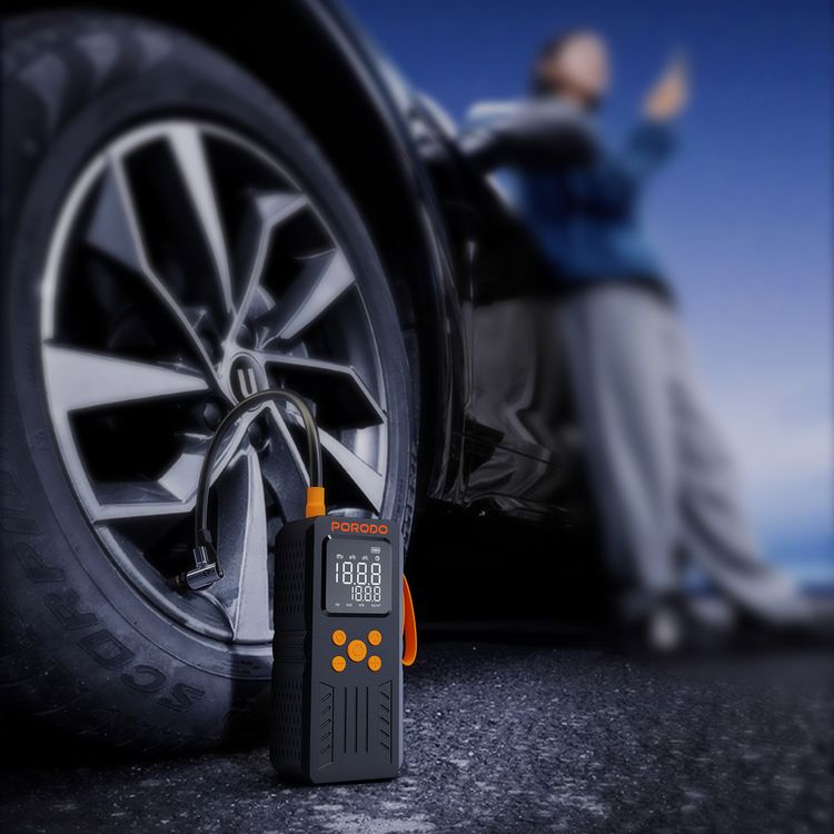 Porodo 4 In 1 Multi-Tool Inflator & Jump Starter with 15,200mAh Battery capacity, Smart Air Pump, 150 PSI Max Pressure, Accurate LCD Gauge, 1000A Peak Current, Emergency LED Lighting, 50cm Air Hose - Black