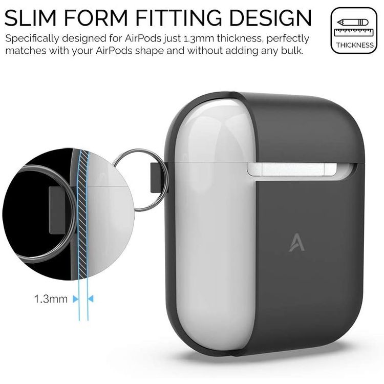 AhaStyle Keychain Silicone Case with Anti-Lost Ring Compatible for AirPods 1/2 Generation, Scratch Resistant, Drop Resistant, Dustproof and Absorbing Protective Cover with Hang Case - Black
