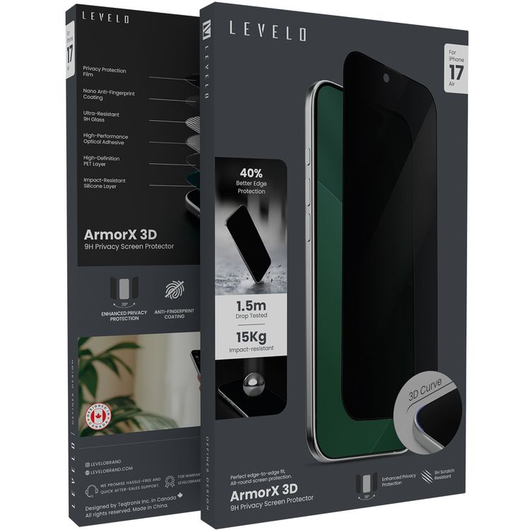 Levelo ArmorX 3D Privacy Screen Protector with 9H Hardness for iPhone 17 Air, Oleophobic Coating, Anti-Scratch, Anti-Fingerprint, High-Definition PET Layer, High-Performance Optical Adhesive, Impact-Resistant Silicone Layer, Drop-Tested - Black