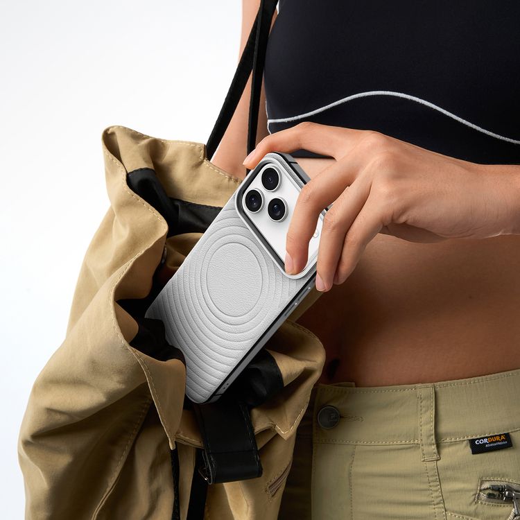 Levelo Spirale PU Leather Hybrid Case for iPhone 17 Pro Max, MagSafe Compatible & Strong Magnets, Impact-Resistant, Shock-Resistant Bumper, Aluminum Alloy Frame for Camera & Edges, Drop-Tested - Silverstone