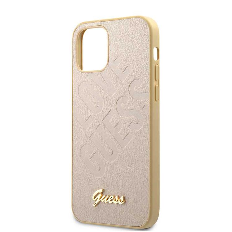 CG MOBILE Guess PU Iridescent "LOVE" Debossed Phone Case with Metal Logo Compatible for iPhone 12 Mini (5.4") Drop Protection Mobile Case Officially Licensed - Light Gold