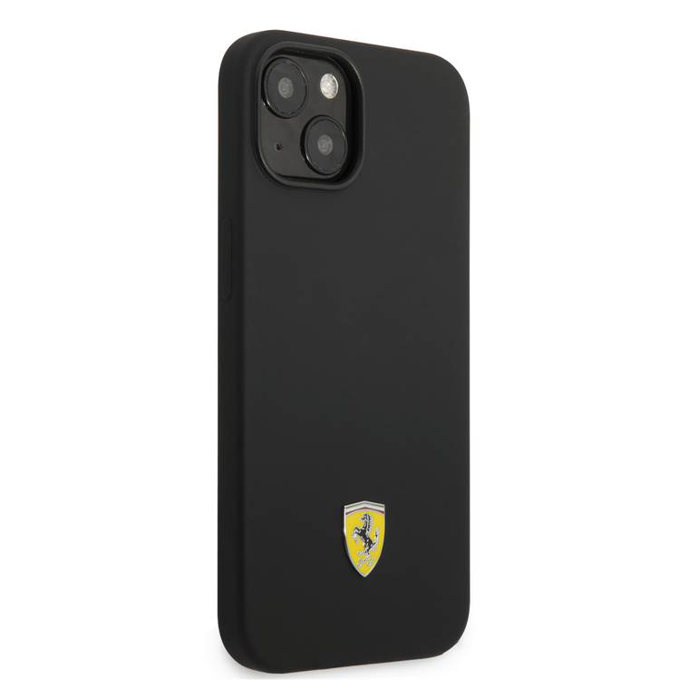 Ferrari Liquid Silicone Case with Black Camera Outline & Metal Logo iPhone 14 Compatibility - Black