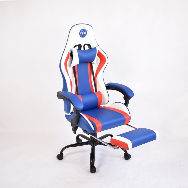 NASA Discovery Gaming Chair, Faux Leather, Height Adjustable, High Density Foam, Recline Mechanism - White/Blue/Red