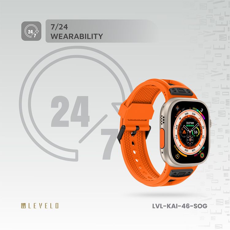 حزام ساعة Levelo Kai، لساعة Apple Watch SE 9/8/7/6/5 (46/49 ملم)، مصنوع من TPU + مشبك معدني، مضاد للحساسية، مناسب للارتداء على مدار الساعة - برتقالي غروب الشمس