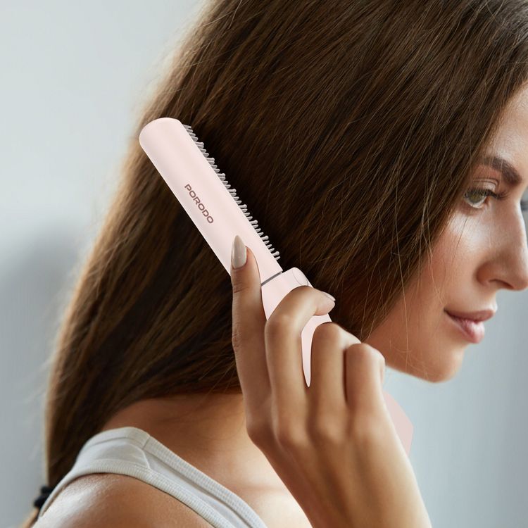 Porodo Foldable Mini Straightener Brush, Auto Safety Shut‐Off, Ceramic‐Coated Teeth, Even Heat Distribution, 3200mAh Powerful Battery, Type-C Charging, Cordless Travel-Friendly - Pink