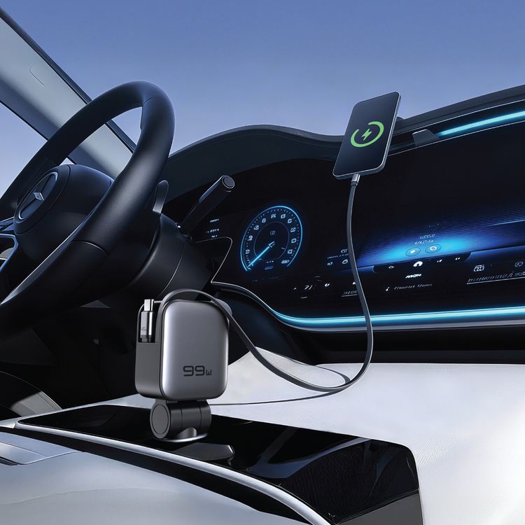 Green Lion Retractable 99W Car Charger with Soft Ambient LED, 2× USB-C Ports, 1× USB-A Port, Flexible & Adjustable, Safety Protection, 80cm USB-C & Lightning Cable, 180° Swivel & Flexible, PD 45W, ABS + Flame Retardant PC Material - Gray