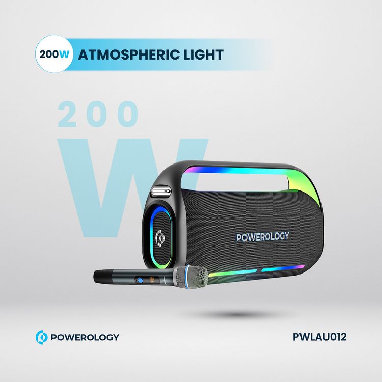 Powerology TWS Karaoke Speaker 150W with Mic and Remote, Bluetooth Version 5.0 + DSP, 18000mAh Battery Capacity, 12 Hours Working Time, 7.5 Hours Charging Time - Black