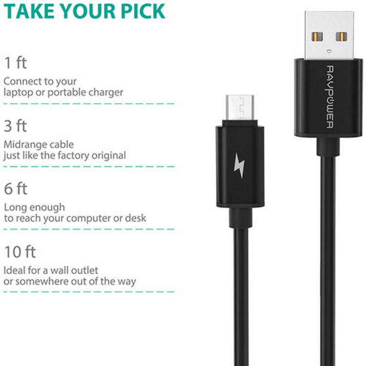 RAVPower 5 Pack Durable Micro USB Cable Compatible for Micro USB Devices, Charge & Sync Connector, Android Charging Cord - Black ( Online Packaging )