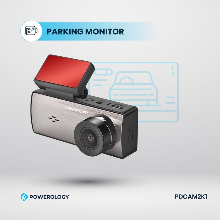 Powerology Dual Recording Dash Camera, Built-in Microphone & Speaker, 150° 4-Lane View, Collision Detection, 3.16" Wide Screen, Patented Design, Loop Recording, Parking Monitor, Type-C Charging Port, MP4 Video Format & JPG Photo Format - Black