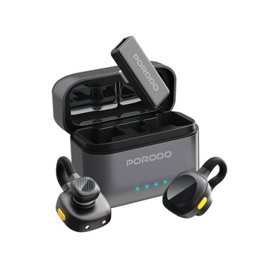Porodo Movo Lavalier Dual Microphones with Type-C Connector, Precise Reverb, 1 Hour Charging Time, Up to 5 Hours Working Time, 650mAh Case Battery Capacity, 55mAh Microphone Battery Capacity, 15-20m Transmission Distance, Crystal Clear Audio, Auto Pairing Technology, Instant Wireless Setup - Black