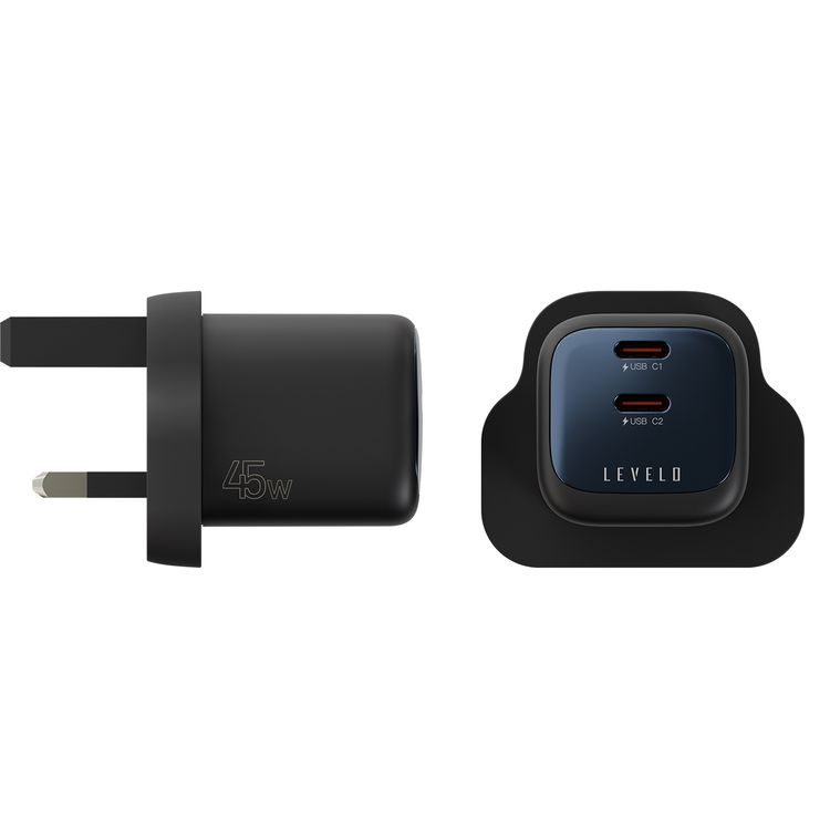 Levelo Vero GaN 45W Double Port Adapter with 2× Type-C Ports, UK Power Plug, Over Charge Protection, Fast Charging, Laptop Charger - Black / Blue